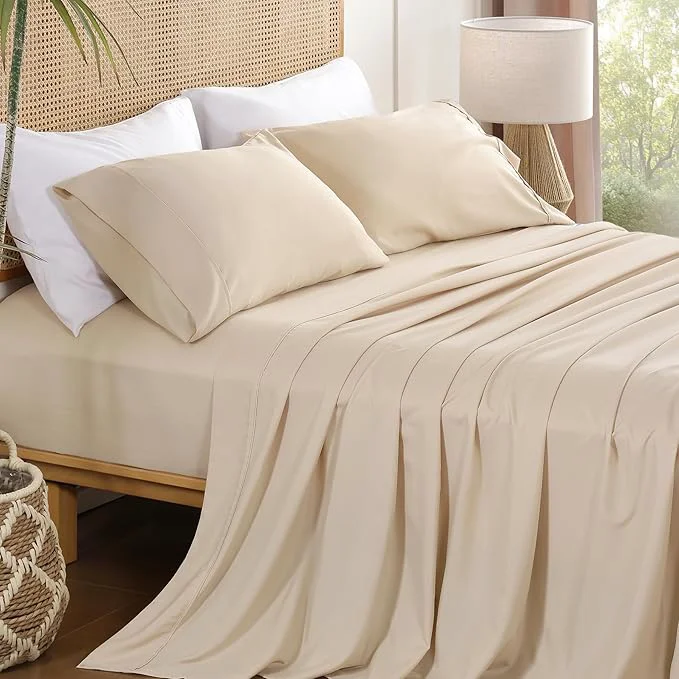 Eco-Friendly Queen Sheet Set 4 Pieces Wrinkle Oeko-Tex Bedsheets，Cream Dependable