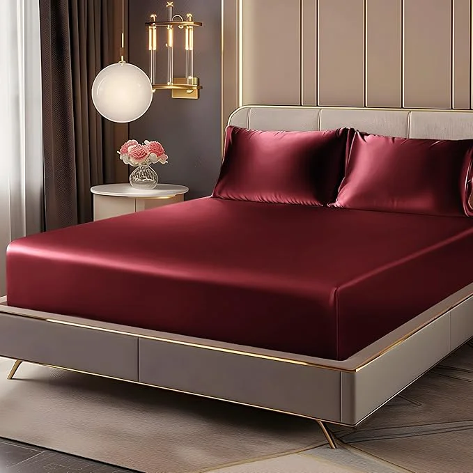 Fine Crafted BEDELITE Satin Fitted Sheet and Pillowcases Set Soft Similar to Silk Bottom Green
