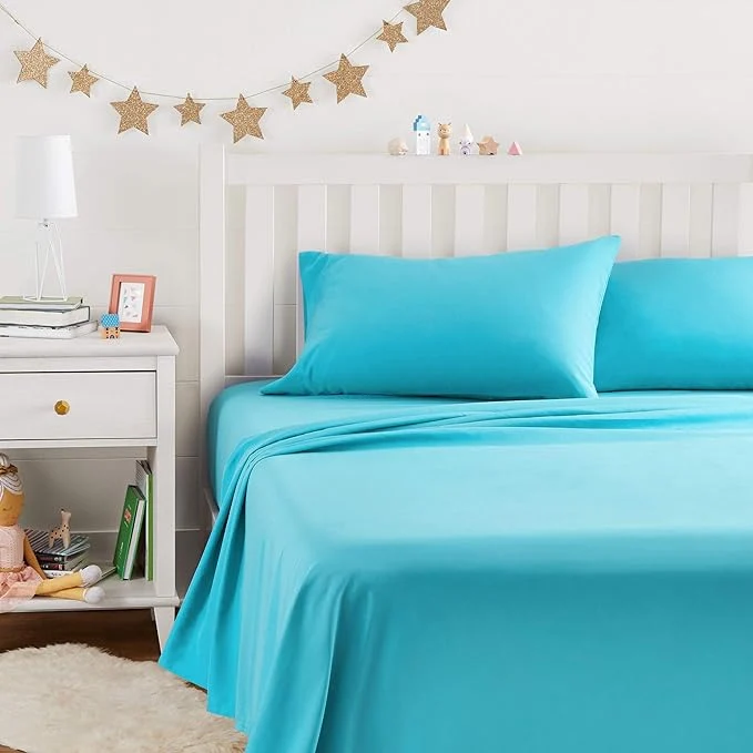 Unique Amazon Basics Kid's Breathable Soft Microfiber 4-Piece Sheet Set Bright Aqua Professional