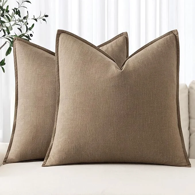 Sustainable MIULEE Decorative Linen Pillow Covers 18x18 Inch Khaki Boho Farmhouse Neutral High-Grade