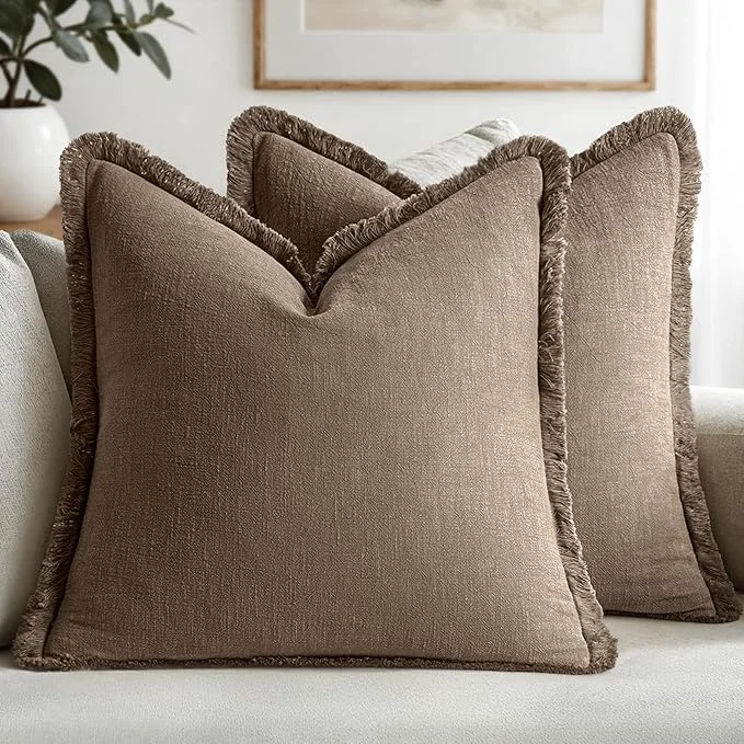 Solid MIULEE Decorative Throw Pillow Covers Neutral Linen Fringe Throw Pillows Set of Green
