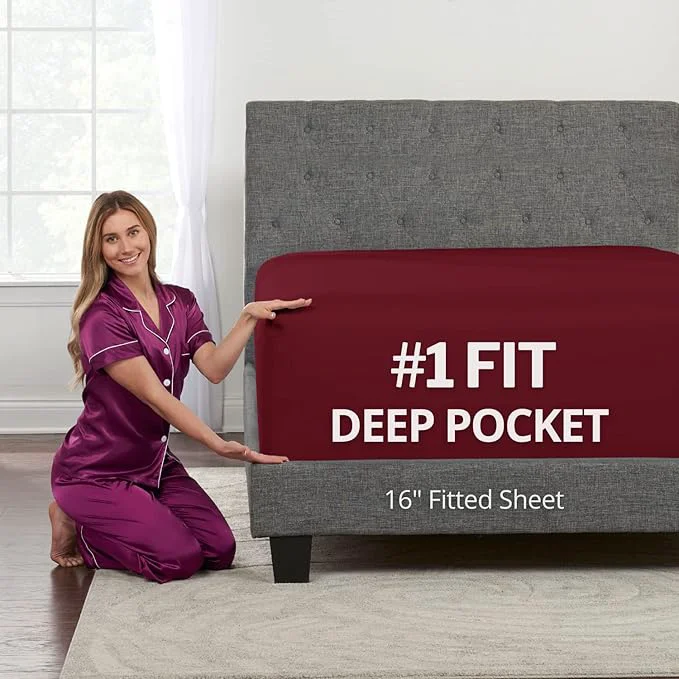 Prestigious Burgundy Queen Deep Pocket Fitted Sheet 16' Deep Fits 14'18' Mattresses Dependable