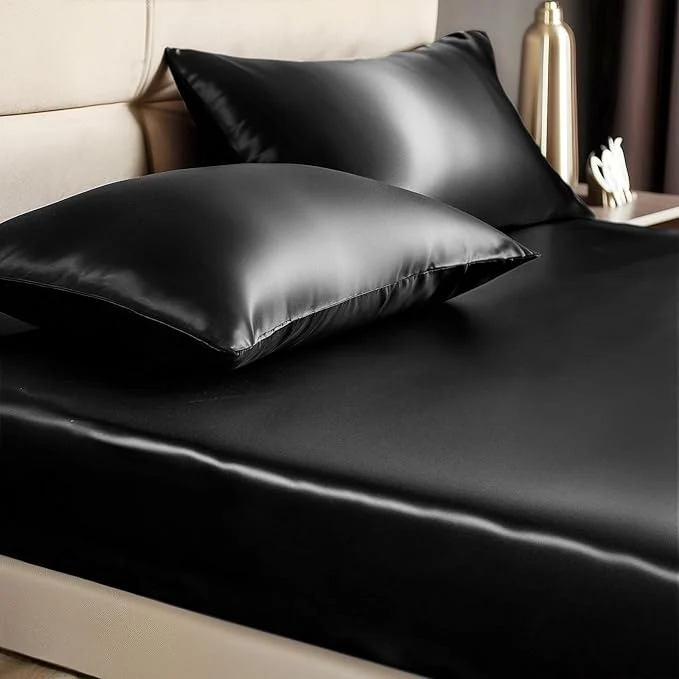 Excellent BEDELITE Satin Fitted Sheet and Pillowcases Set Luxury Soft Similar to Silk First-Class