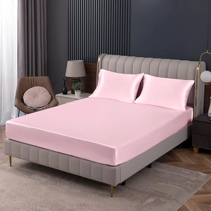 Detailed Homiest Blush Pink Satin Fitted Sheet King Size Deep Pocket Luxury Ultra Smart