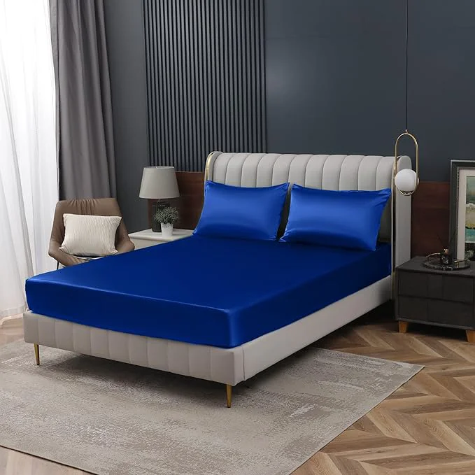 High-Quality Homiest Royal Blue Satin Fitted Sheet Queen Size Deep Pocket Luxury Ultra Superior