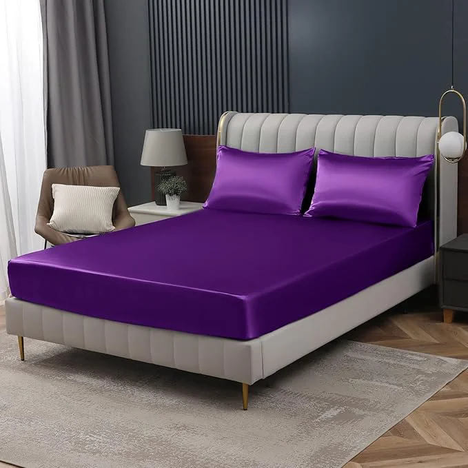 Exclusive Homiest Purple Satin Fitted Sheet Queen Size Deep Pocket Luxury Ultra Soft Professional
