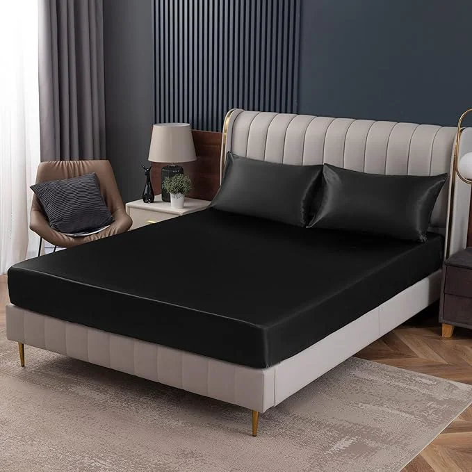 Trendy Homiest Black Satin Fitted Sheet Twin Size Deep Pocket Luxury Ultra Soft Powerful