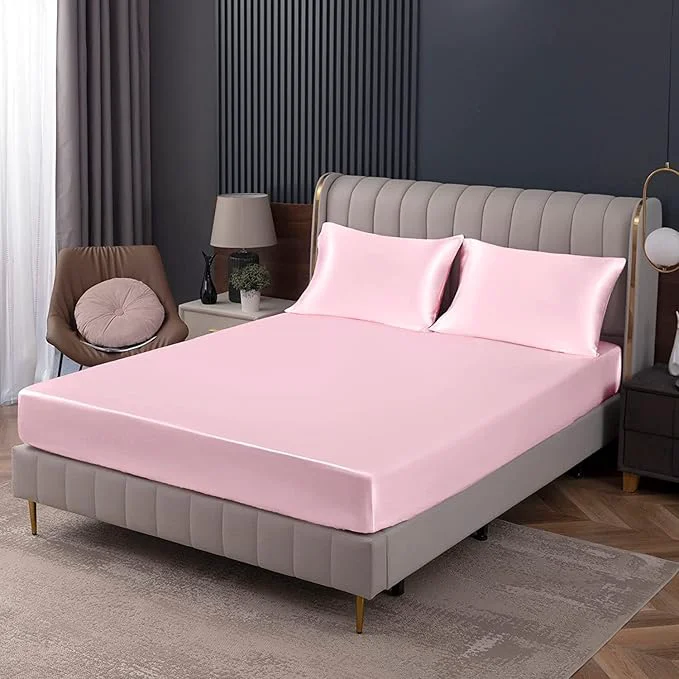 Solid Homiest Blush Pink Satin Fitted Sheet Twin XL Size Deep Pocket Luxury Ultra Organic