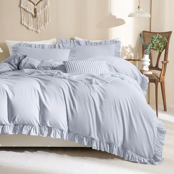 Environmentally Friendly QSH Washed Cotton Ruffle Duvet Cover King Size 3 Pieces Cornflower Blue Relaxed