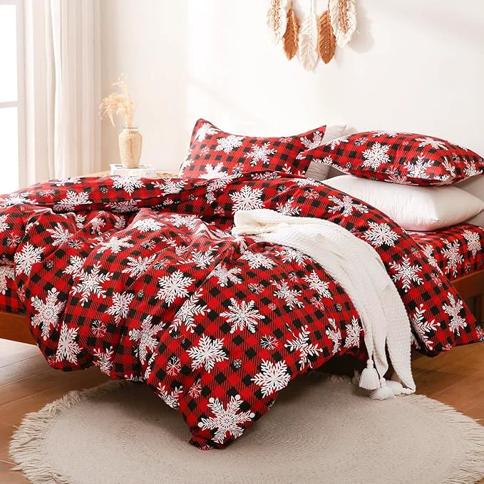 Effective JSD Red Buffalo Plaid Snowflakes Duvet Cover Set Queen Size 3 Piece Christmas Pure