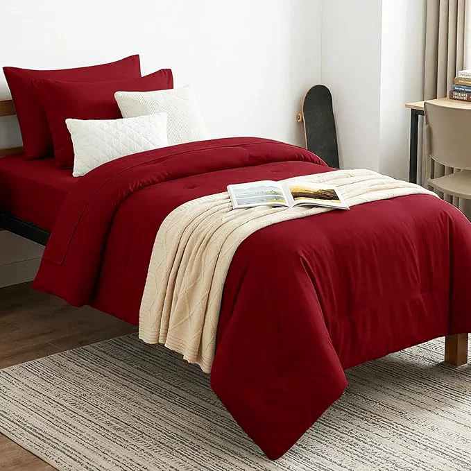 Original Design CozyLux Twin XL Comforter Set Dark Red 5 Pieces Bed in a Bag Twin Extra Long Consistent