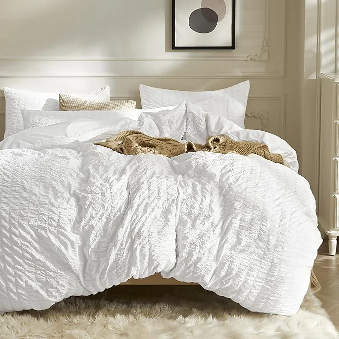 Professional JELLYMONI Bright White Duvet Cover Twin Size Soft Breathable Seersucker Duvet Effective