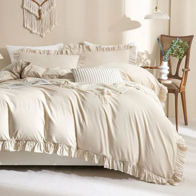 Elegant QSH Washed Cotton Queen Duvet Cover Set Ruffle Duvet Cover Linen Textured Next-Generation