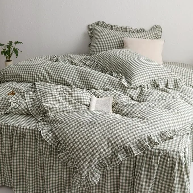 Innovative MKXI Sage Green Gingham Duvet Cover King 3-Piece Ruffled Bedding Set Next-Generation