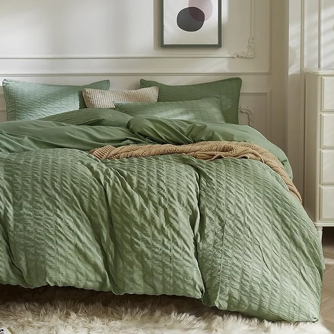 Pure JELLYMONI Dark Green Duvet Cover King Size Soft Breathable Seersucker Duvet Clean