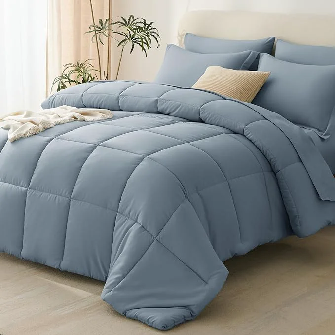 High-Quality CozyLux Oversized King Comforter Sets Grayish Blue 7 Pieces Bed in a Bag Luxury