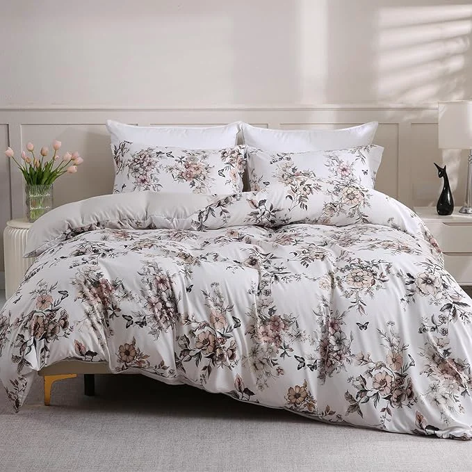 Prestigious LONAVA King Floral 3 Pcs Duvet Cover Set Breathable Soft Microfiber Light Grey Top-Quality