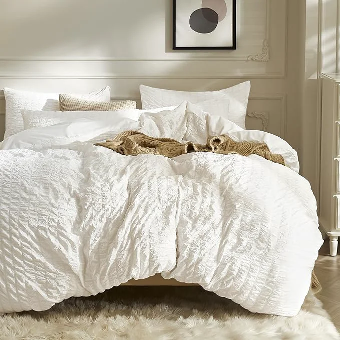 First-Class JELLYMONI White Duvet Cover Queen Size Soft Breathable Seersucker Duvet Cover Selected