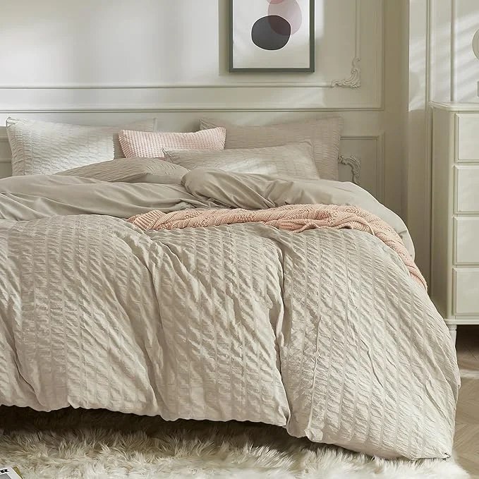 Advanced JELLYMONI Light Khaki Duvet Cover Queen Size Soft Breathable Seersucker Duvet Trusted