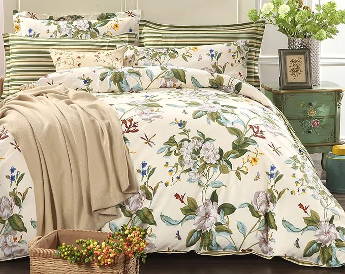 FADFAY Floral Duvet Cover Set Cotton Green and Beige Striped Dorm Room Convenient