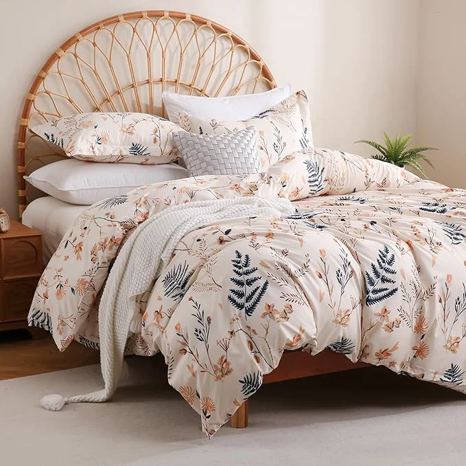 Smart JSD Fall Floral Duvet Cover Set Queen Size 3 Piece Boho Ferns Printed Durable