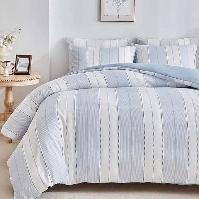 Genuine WARMDERN Blue Striped Weave Duvet Cover Queen Size Microfiber Textured Bedding Soft