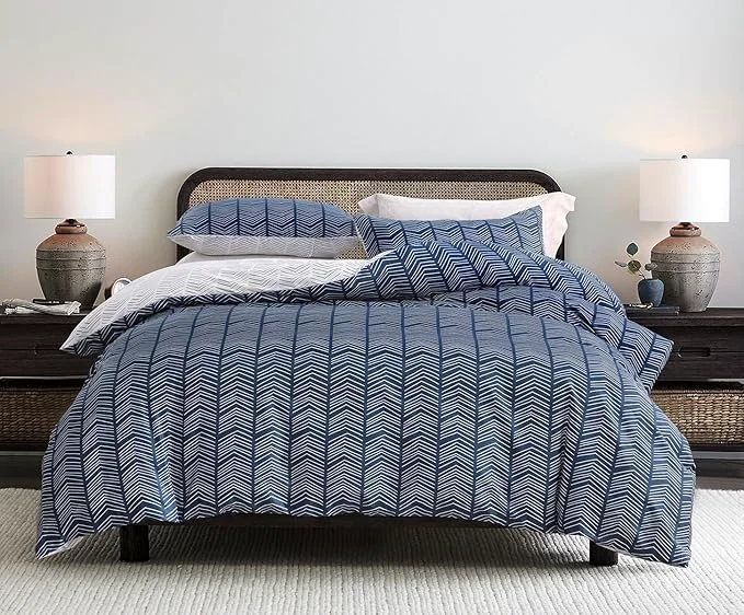 Safe SLEEPBELLA Navy and White Duvet Cover Set Cotton Bedding Chevron Detailed