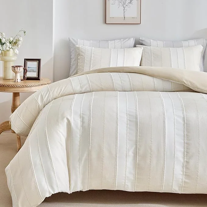 Powerful WARMDERN Khaki Striped Weave Duvet Cover Queen Size Microfiber Textured Sustainable