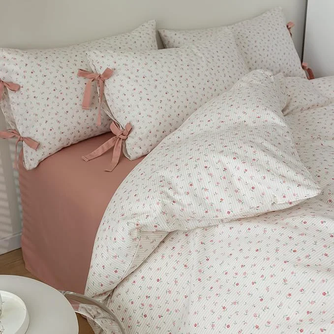 World-Class mixinni White Flower Pattern Duvet Cover Twin XL Pink Floral Stripes Duvet Lightweight