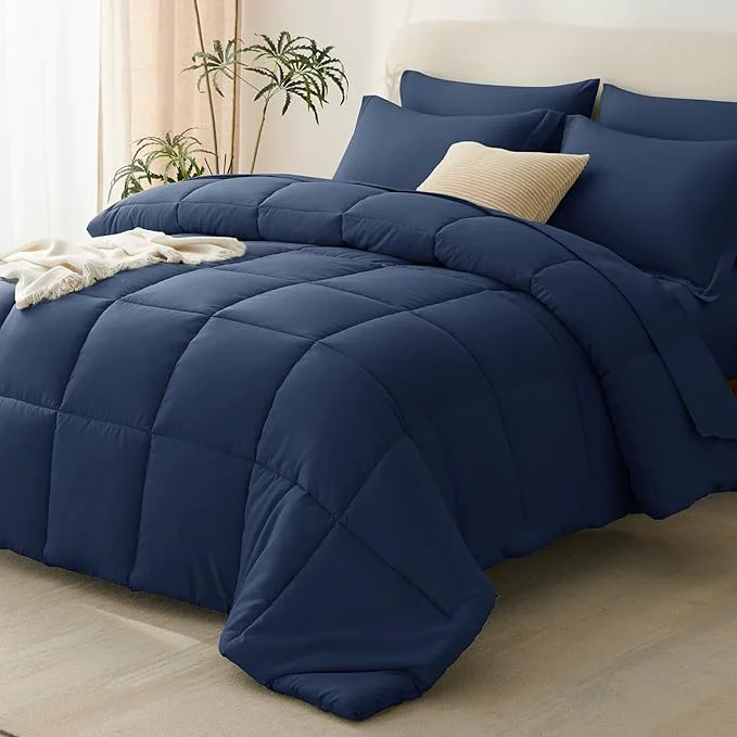 Prestigious CozyLux Oversized King Comforter Sets Navy Blue 7 Pieces Bed in a Bag Genuine