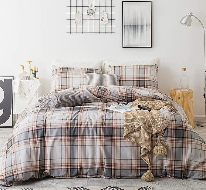 Authentic SUSYBAO Plaid Duvet Cover Queen Cotton Khaki Gingham Duvet Cover Set 3 Contemporary