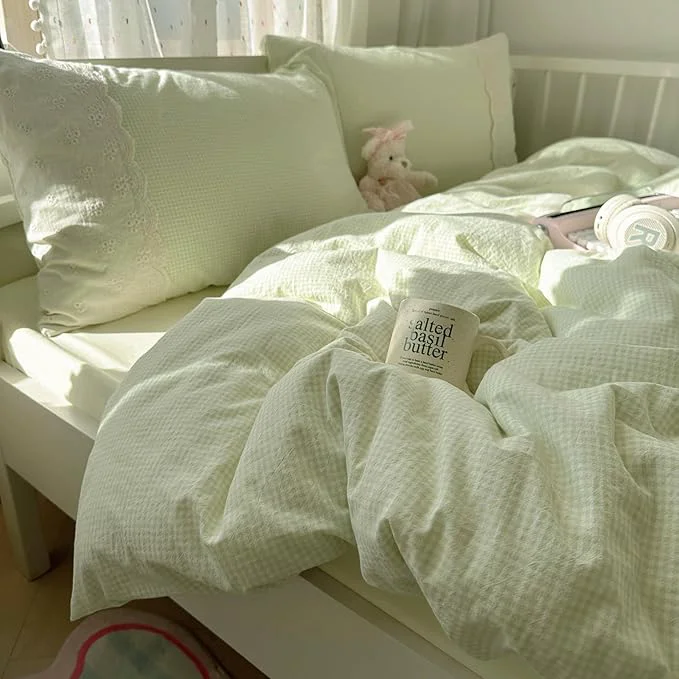 First-Class mixinni Green Gingham Duvet Cover King Size Easy-to-Use