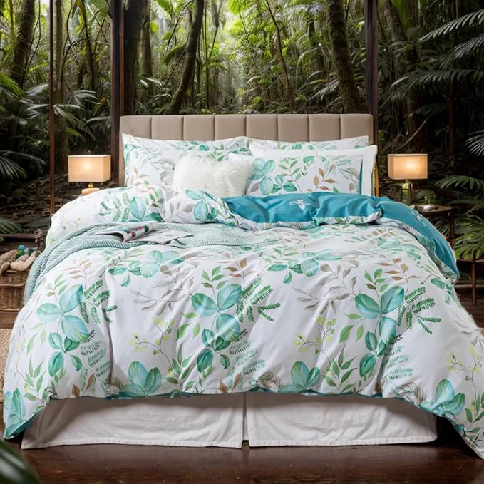 Stylish FADFAY Botanical Duvet Cover Sets Full Size Cotton Teal Green Leaves Quality