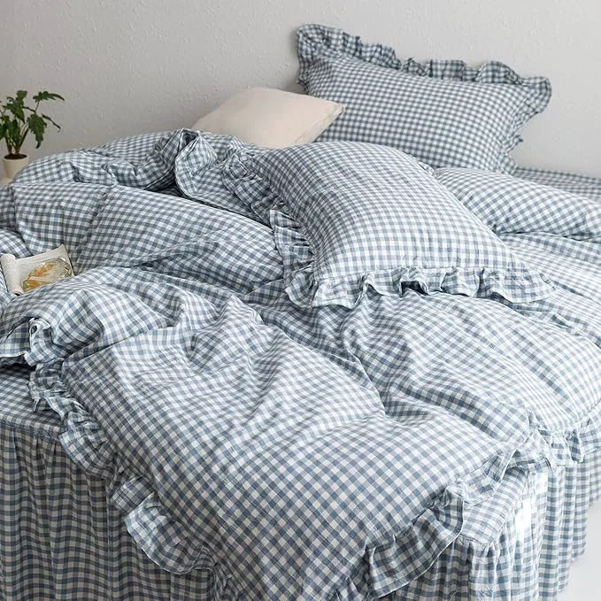 Excellent MKXI Blue and White Gingham Duvet Cover Full Size 3-Piece Bedding Set High-Performance