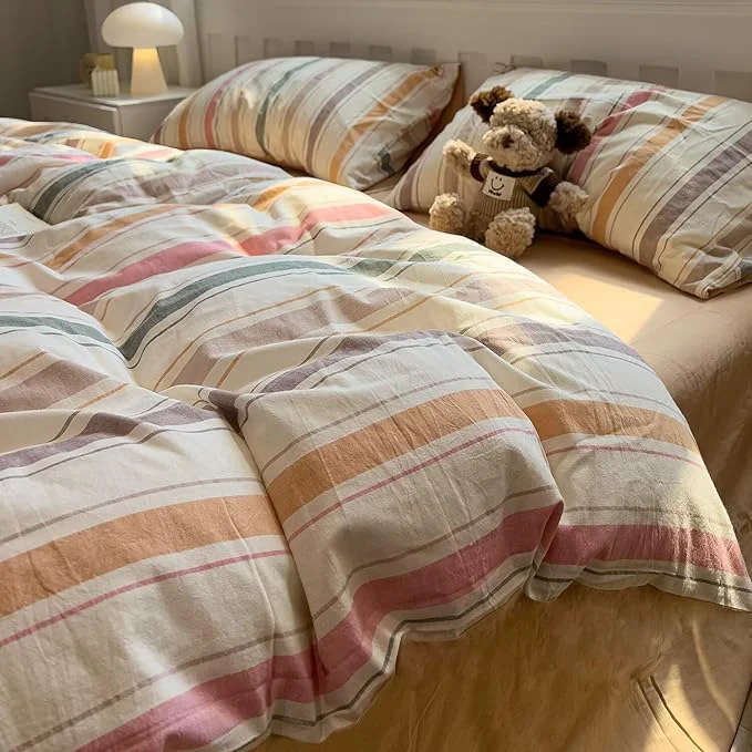 Pure MKXI Washed Cotton Duvet Cover Set Retro Stripes in Autumn Palette 3-Piece Official