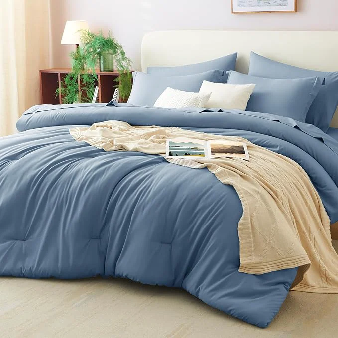 High-Grade CozyLux King Size Comforter Set Grayish Blue 7 Pieces Bed in a Bag King Minimalist