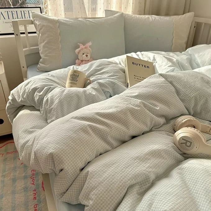 Effective MKXI Blue Gingham Duvet Cover Set Full Size Refined