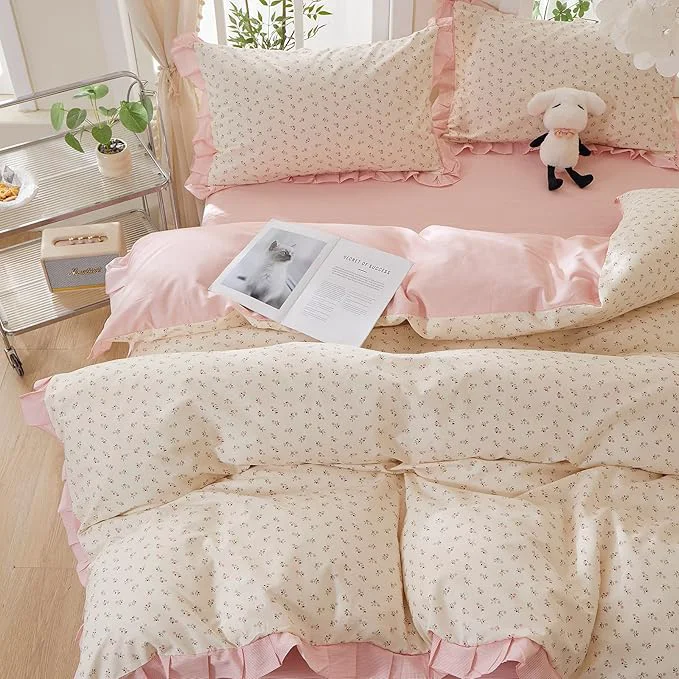 World-Class mixinni Pink Floral Duvet Cover Set Queen Size – Cotton Ruffle Lace Bedding Green