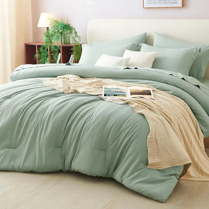 Detailed CozyLux Oversized King Comforter Set Sage Green 7 Pieces Bed in a Bag Healthy