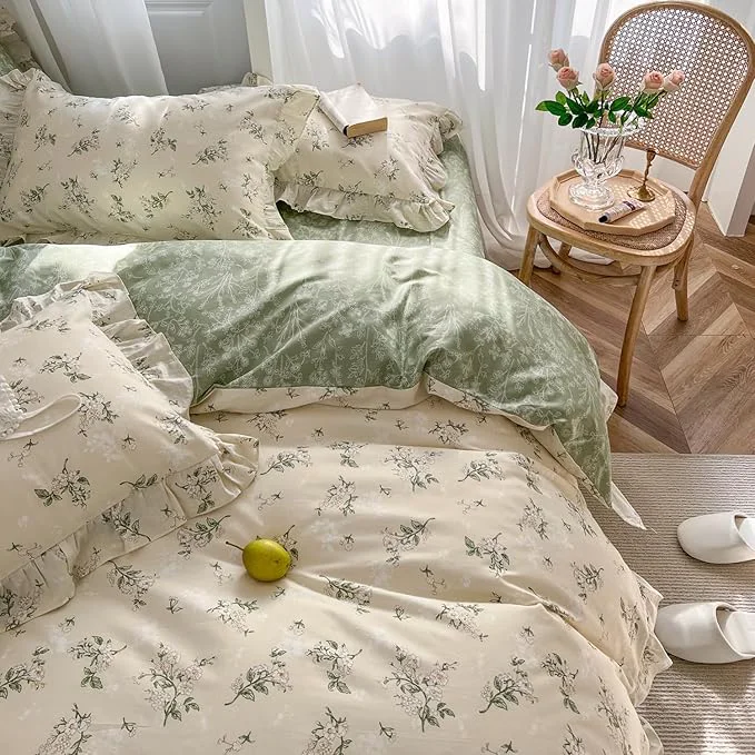 Responsible mixinni Reversible Sage Green Floral Duvet Cover Set King Size Prestigious