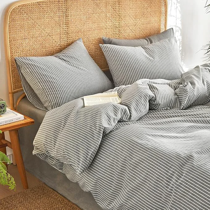 Functional Wake In Cloud - Striped Cotton Duvet Cover Set Washed Cotton Textured Secure
