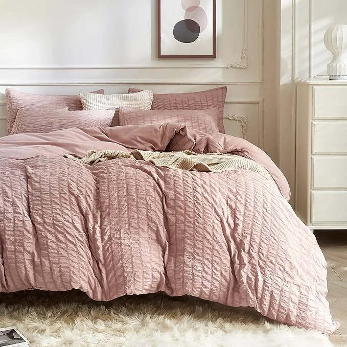 Environmentally Friendly JELLYMONI Smokey Pink Duvet Cover Full Size Soft Breathable Seersucker Duvet Secure