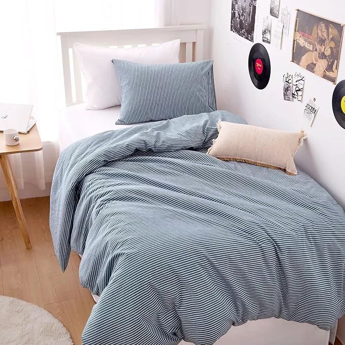 Fast Wake In Cloud - Striped Cotton Duvet Cover Set Washed Cotton Textured Sustainable