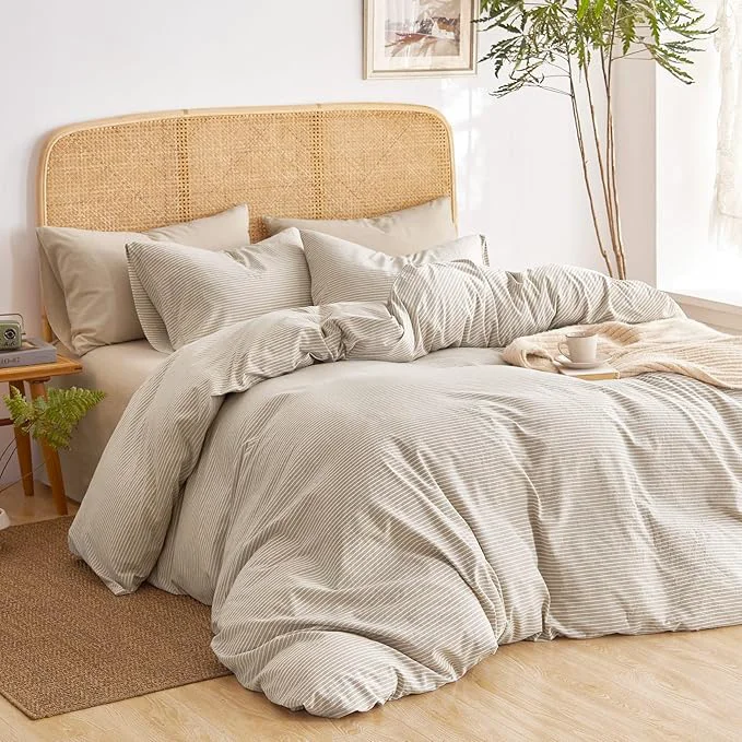 Minimalist Wake In Cloud - Striped Cotton Duvet Cover Set Washed Cotton Textured High-End