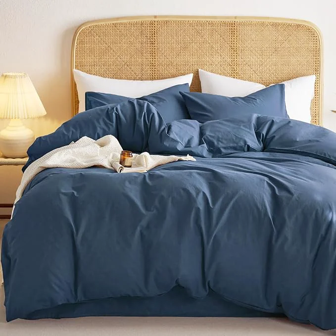 Trusted Wake In Cloud - Cotton Duvet Cover Set Full Size Dark Navy Blue Washed Trendy