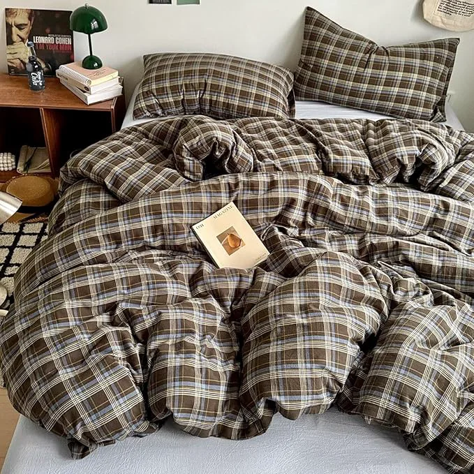 Carefully Designed PinkMemory Brown Blue Gingham Buffalo Plaid Duvet Cover King Washed Cotton Reliable