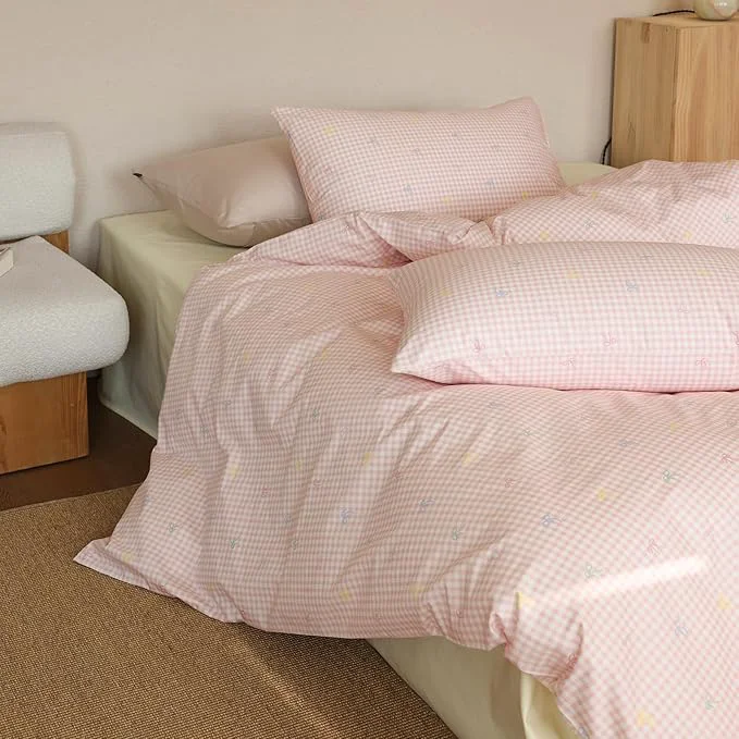 Safe mixinni Gingham Duvet Cover Twin XL Size Cotton Light Pink and White Detailed