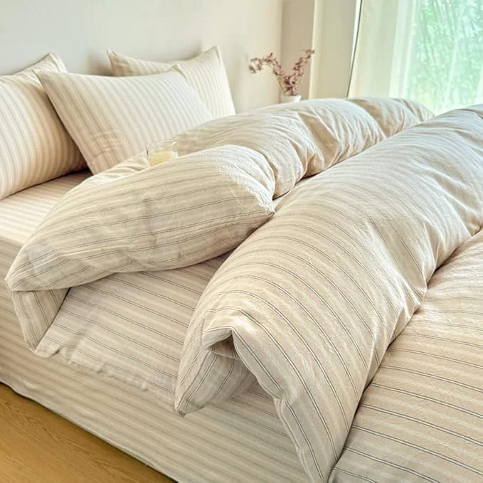 Powerful PinkMemory Beige Striped Duvet Cover Set Queen Washed Cotton Beige Wide Stylish