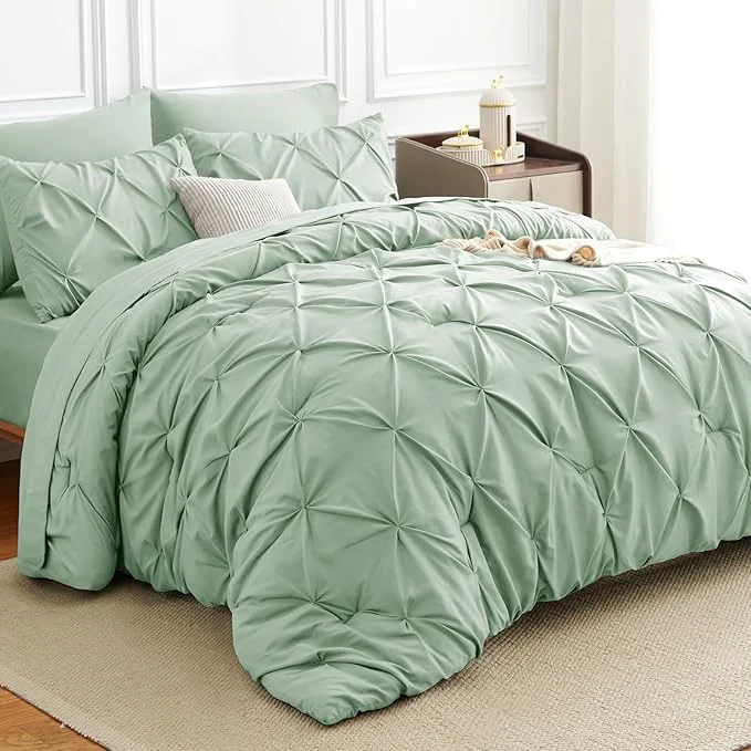 Easy-to-Use HIMEET Pintuck Bed in a Bag 7 Pieces Queen Size Comforter Set Sage Green Responsible