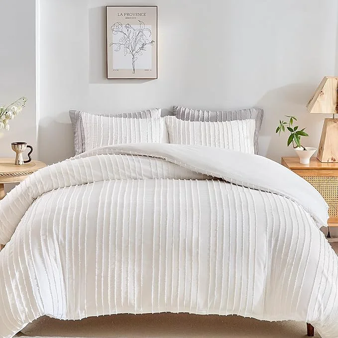Original WARMDERN White Boho Duvet Cover Set Full Size Striped Textured Duvet Cover Expertly Made